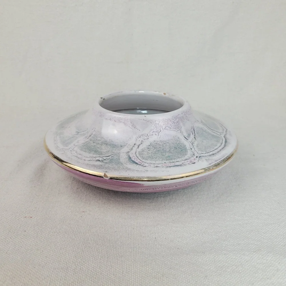 Vintage Italian Iridescent Ikebana Vase Mid Century‎ Pink Green Gold Rim